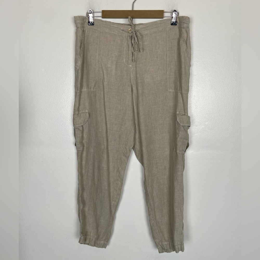 Tommy Bahama Women Linen Cargo Pants Size L Cream Downstring Elastic Waist Boho